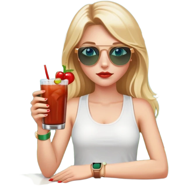 girl with long blond hair
with blue eyes
and aviator sunglasses
wearing white tank top 
holding bloody mary
wearing (rose gold apple watch with forest green band) emoji