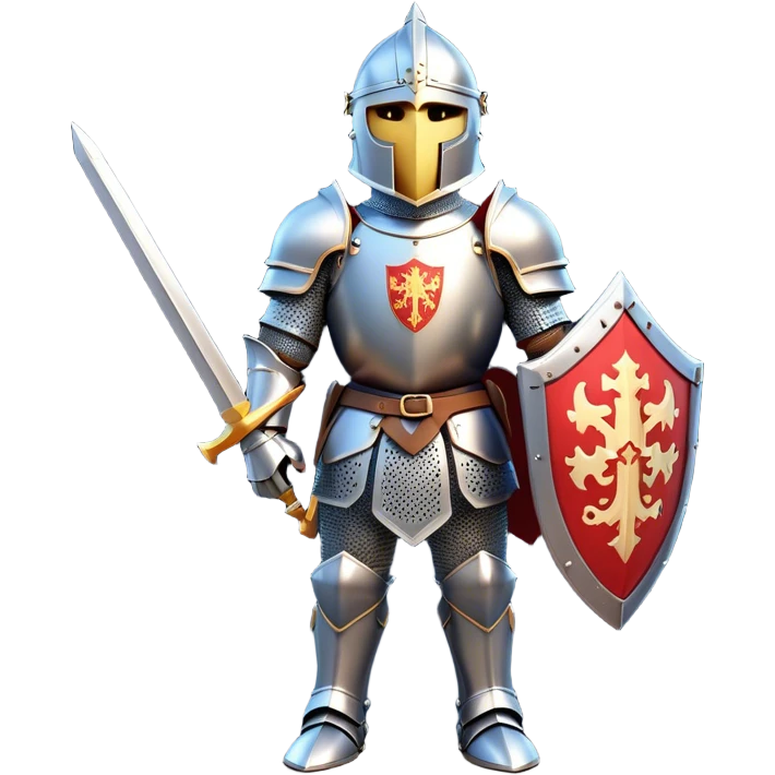 Clash of Clans aesthetic: Cinematic heroic Armored Knight Hero Emoji, rendered in a 3D vector-style similar to standard emojis with minimal shading and bold, simplified shapes. A compact, isometric warrior clad in gleaming plate armor with intricate heraldic details, softly glowing with a chivalrous medieval charm. Simplified yet unmistakably iconic, highly detailed and consistent, glowing with a soft radiant shine and high polish. Stylized with a touch of noble valor and a soft glowing outline, wearing a full face helm so that no face is visible with only eyes visible, capturing the essence of a gallant knight ready for honorable battle with a friendly, playful manner! emoji