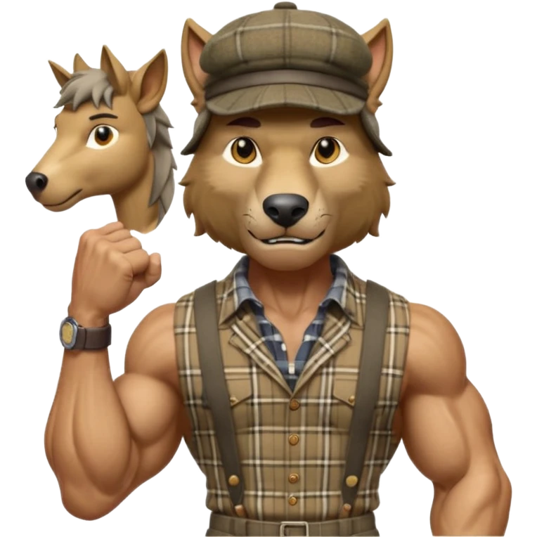 extremely super-duper hyper muscular wolf furry extremely exaggerated muscles with chiseled face, horse-length bullneck and an elongated snout, wearing a plaid dress shirt halfway buttoned, khaki dress slacks and very large newsboy cap on his head while flexing his bicep muscles emoji