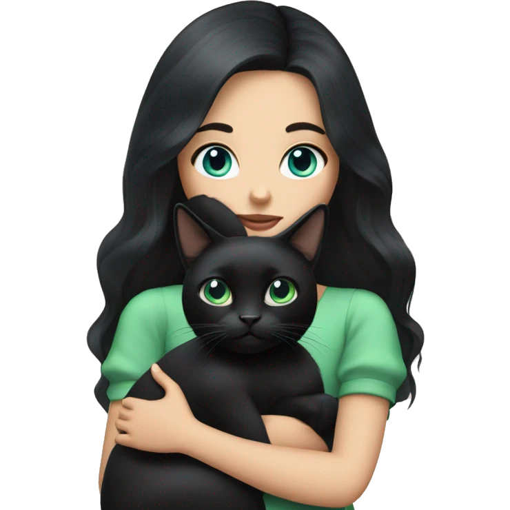 Girl with black hair and blue eyes holding a black cat with green eyes  emoji