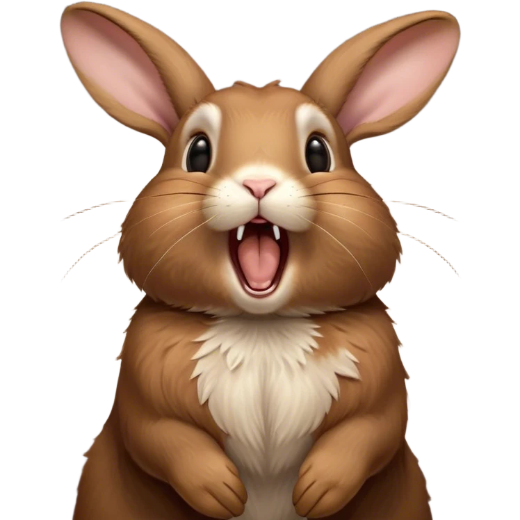 Cinematic Cute Yawning Brown Rabbit Portrait Emoji, Head tilted slightly with a dramatic, wide-open yawn, showcasing a smooth, rich brown fur with floppy ears, round brown eyes barely open in drowsy contentment, Simplified yet irresistibly adorable features, highly detailed, glowing with a soft, cozy glow, high shine, relaxed yet expressive, stylized with a touch of whimsy, bright and endearing, soft glowing outline, capturing the essence of a sleepy yet affectionate bunny, so drowsy it feels like it could stretch out of the screen and curl up for a nap! emoji