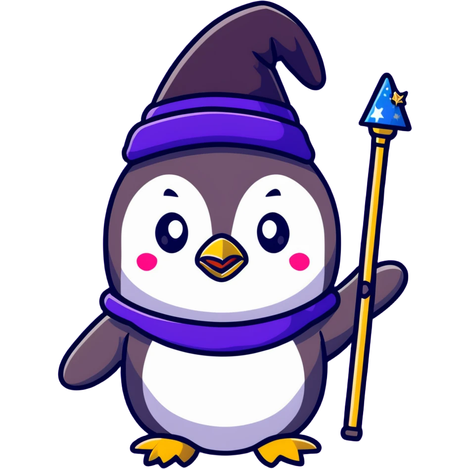 cartoon penguin wizard with a starry hat and magic wand, vibrant colors emoji