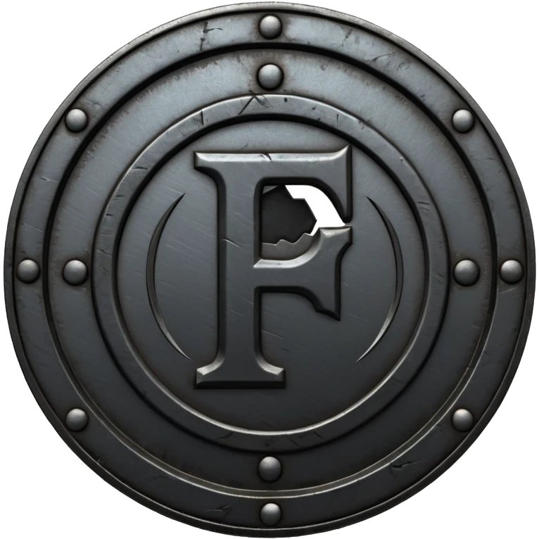 Minimal emoji, gothic metal coin made of black steel, engraved number f at the center, ancient industrial aesthetic, worn metal texture, no glow, no neon, flat emoji design, centered, transparent background emoji