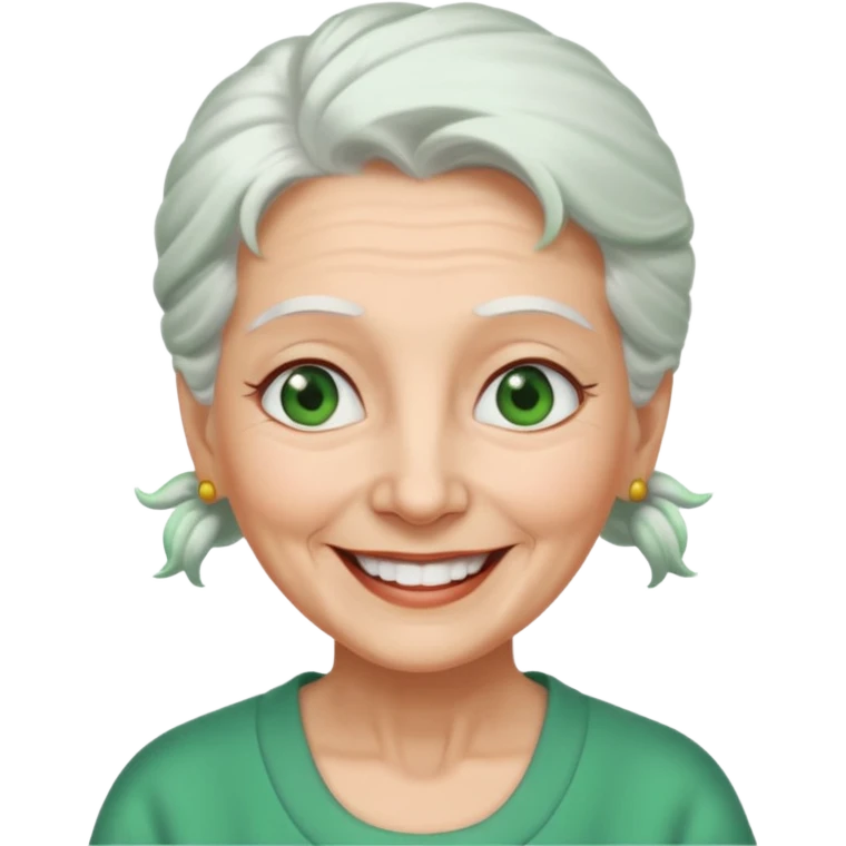 abuela con ojos verdes, pelo blanco, pelo blanco y amarrado, aspecto feliz, pelo blanco, no verde, solo verde los ojos emoji