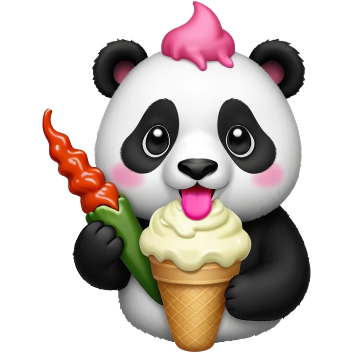 Panda eating jalapeño ice cream topped with hot sauce emoji