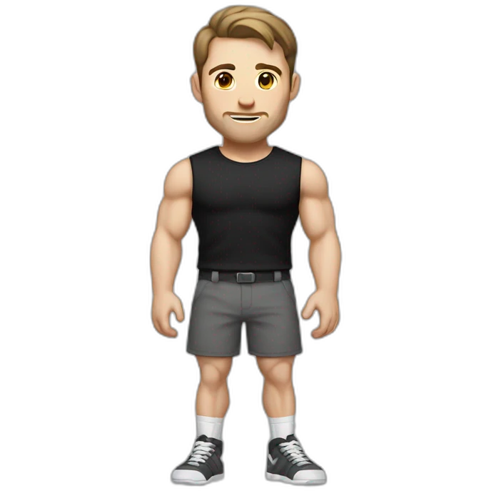 Pale skinned Fit Man With the biceps and dark brown hair in black shirt, gray shorts and white Sneakers emoji