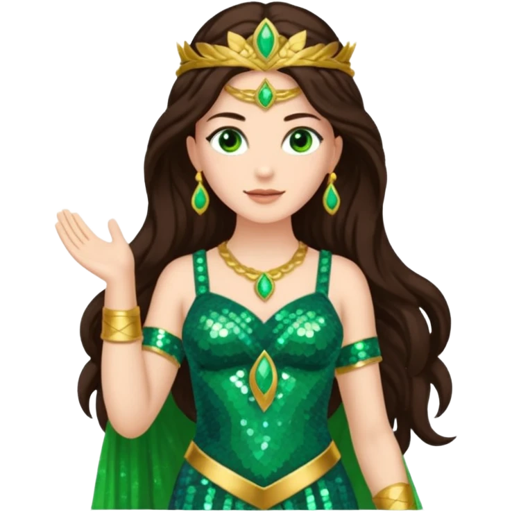 Juno, Goddess of Marriage from Gods and Goddesses with long dark brown hair, green sequin outfit emoji