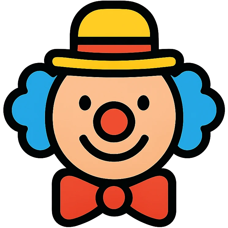 clown icon, stylized, round face, red nose, simple shapes emoji