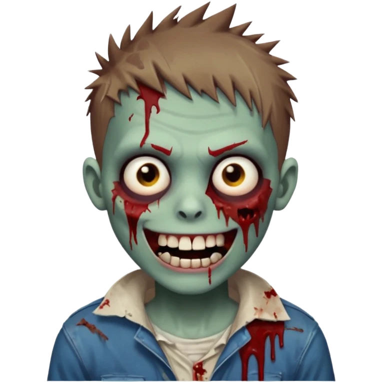 zombie boy with brown short spiky hair, white skin, and white eyes; an open smile, and bloodied teeth; emoji