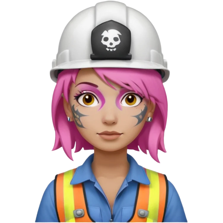 construction worker woman pink hair, white helmet and face tattoo emoji
