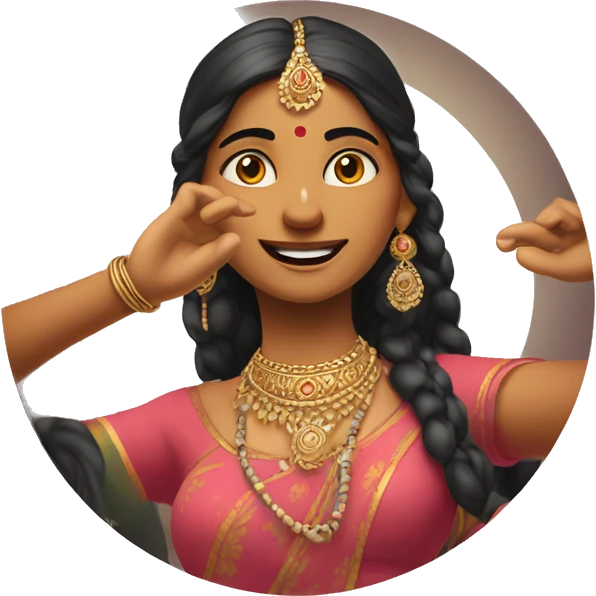 Indian woman in traditional clothes dances.  close-up format. one hand above your head, the other below at stomach level, forming an unfinished circle
 emoji