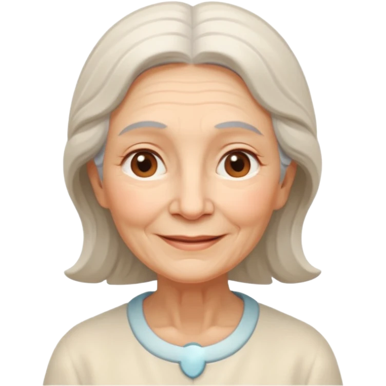 old woman with soft and warm smile, looking calm and friendly, low eyes corner looking like an angel emoji
