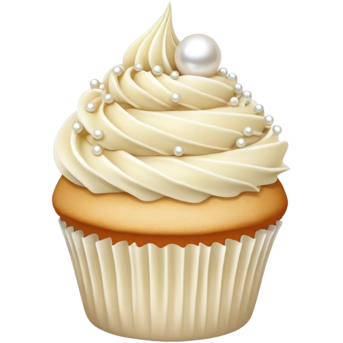 Realistic white and cream wedding cupcake with vanilla icing, pearl sprinkles emoji