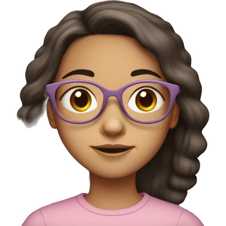 A young girl, around 10-12 years old, with shoulder-length dark hair and wearing light pink-framed glasses. She has a calm and neutral expression emoji