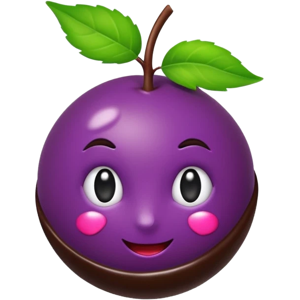 playful emoji-style açaí berry bonbon, deep purple shiny berry, bottom half dipped in dark chocolate, small green leaf on top, clean glossy modern emoji look emoji