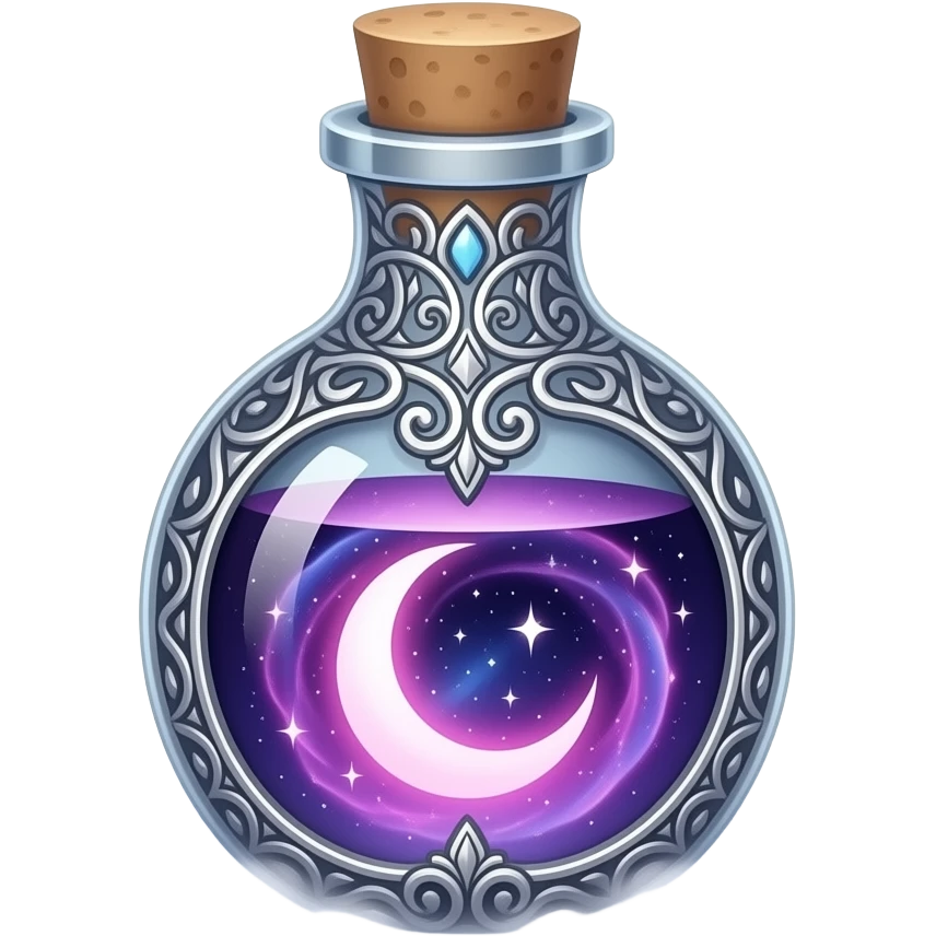 ornate glass vial with metallic filigree, swirling cosmic nebula inside, glowing purple‑pink‑blue light, crescent moon and tiny stars suspended in liquid, resting in soft mist, ethereal magical atmosphere emoji