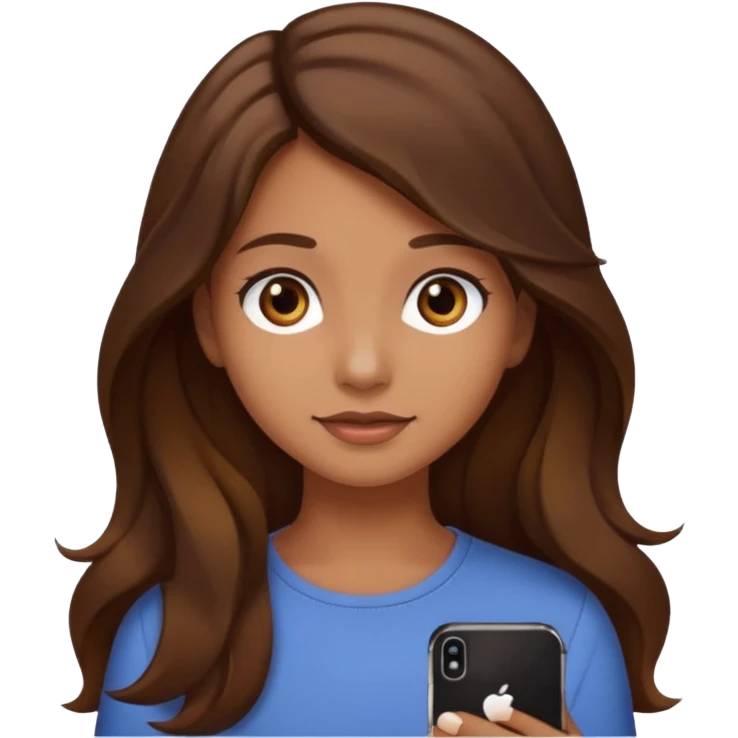 chica con el pelo castaño, largo, ondas sutiles, ojos marrón oscuro, estilo emoji de iPhone emoji