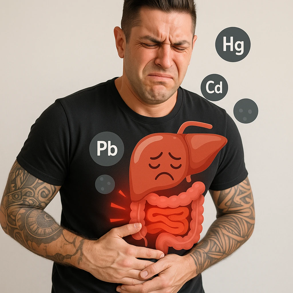 Create a realistic image of a man with the face and appearance of the person in the reference photo, showing pain in the intestine and liver due to heavy metals. The man is holding his abdominal area and appears suffering. Add symbols or visual elements that represent heavy metals. The tone should be educational and respectful. emoji