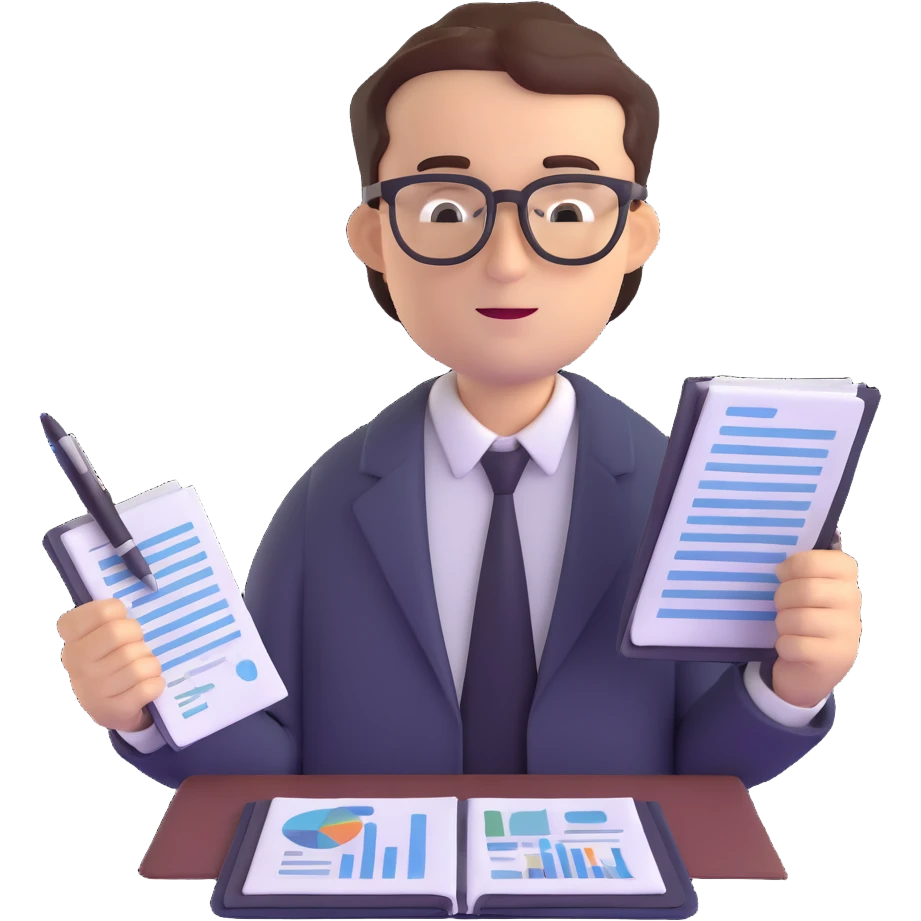 male accountant with financial reports, pen and glasses emoji