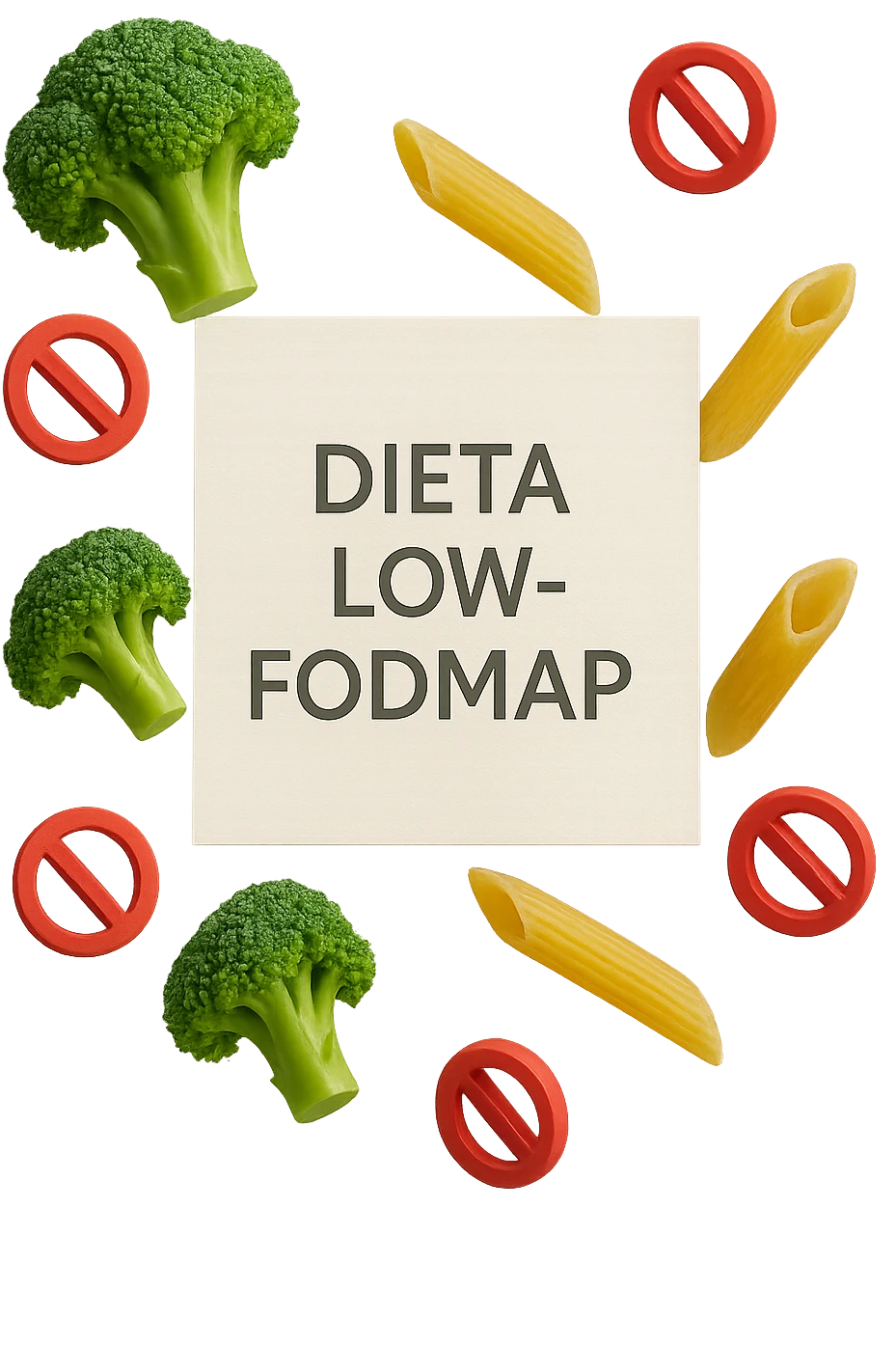 BROCCOLETTI E PENNE DI PASTA RIGATE FLUTTUANO IN ARIA insieme a piccoli divieti 3d, DAVANTI A LORO FLUTTUA UN FOGLIO CON LA SCRITTA "dieta low-fodmap" emoji