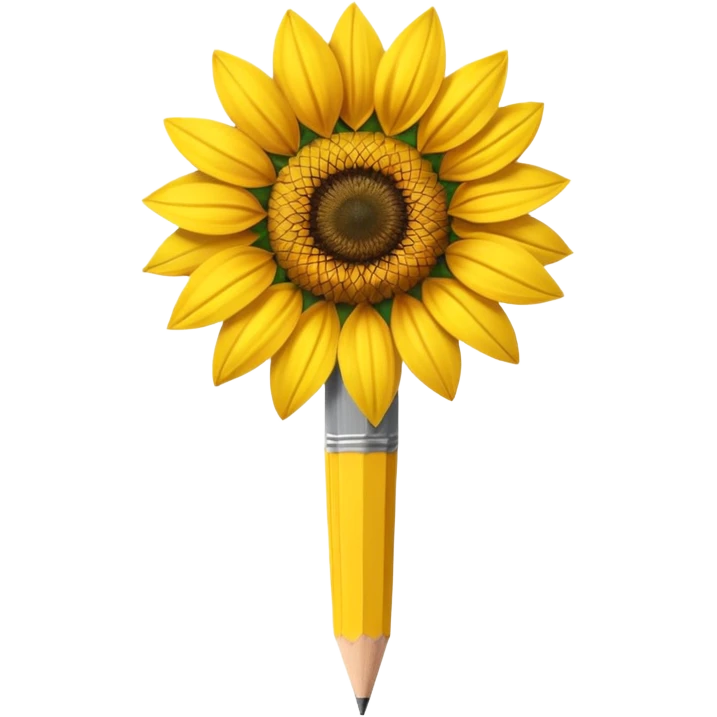 A hyper-realistic object that is half sunflower and half wooden pencil, merging seamlessly at the midpoint. Bright yellow petals, natural textures, detailed graphite tip, soft studio lighting, high-resolution. emoji