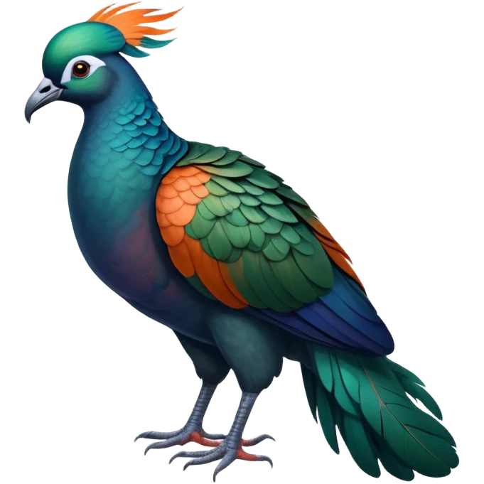 Nicobar pigeon with iridescent blue-green feathers, long neck feathers, bright orange beak, and white tail emoji