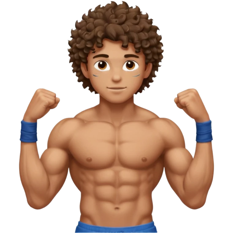 muscular teen boy with veiny hands arms and biceps. has messy curly hair with tan skintone emoji