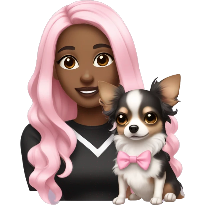black pretty girl with long black wavy hair with bright brown eyes and wearing a light pink hair bow holding a black and white long haired chihuahua puppy also wearing a hair bow emoji
