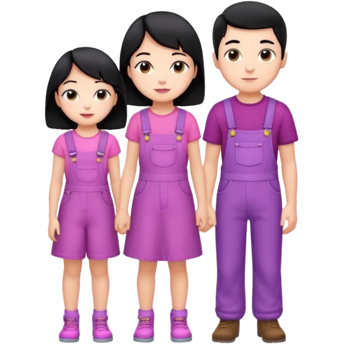A short boy with black hair in pink overalls standing next to a really tall girl in a purple dress emoji