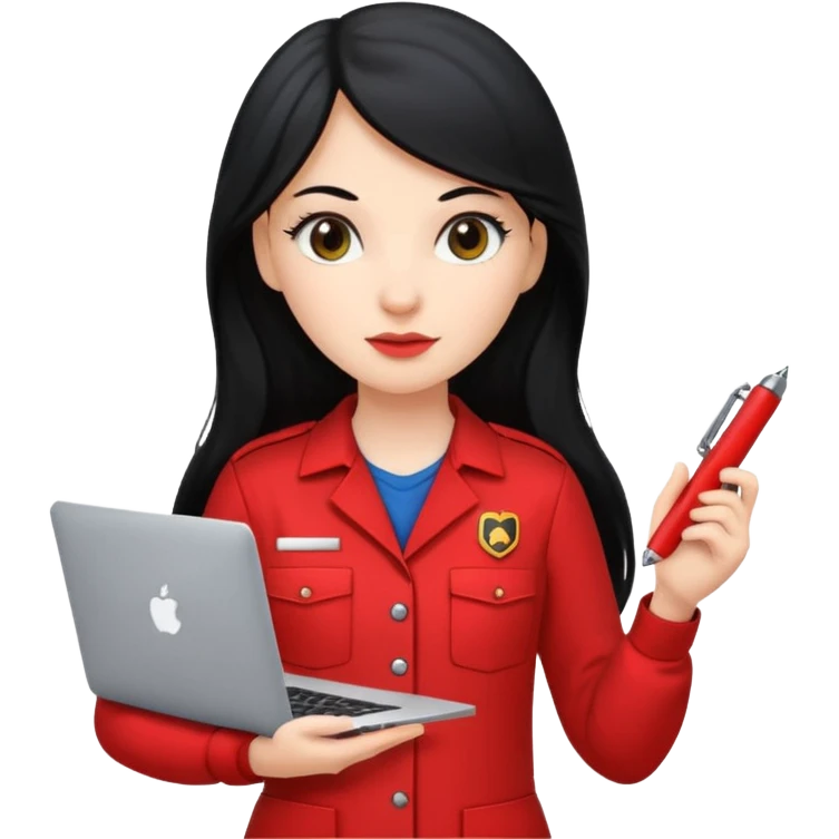 Gere um emoj estilo IOS de uma garota branca, de longos cabelos pretos vestida com um uniforme vermelho de mecanica. Ela deve segurar em uma das maos um mackbook e na outra uma caneta emoji