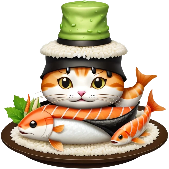 cat wearing a sushi hat with rice base, multiple fish pieces on top, wasabi accent, and lots of soy sauce heavily dripping down the sides, abundant sauce flowing from sushi hat emoji