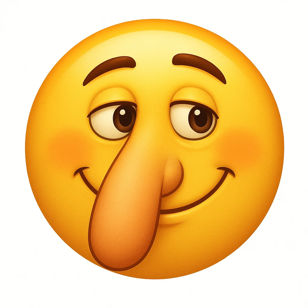 Create a yellow smiley face emoji with a nose exactly like the reference image. Match the facial expression and style, but as a classic emoji face in the style of classic yellow emojis. Add a slight blush to the cheeks. emoji