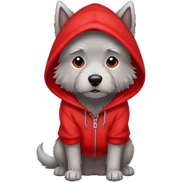Gray dog scruffy red hood sweatshirt head down emoji