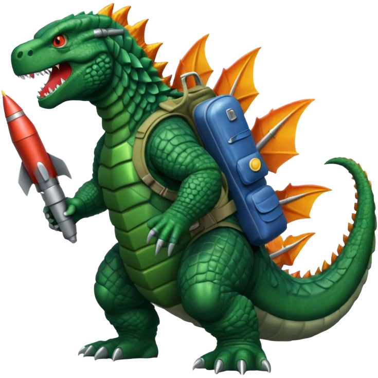 Godzilla flying with a rocket pack emoji