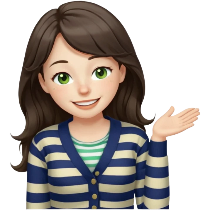 Gorgeous brunette girl green eyes pale with freckles, eyes shut tight happily smiling, striped cream and navy blue cardigan and cream shirt, with swoop bangs and long wavy hair laughing eyes squinted closed, one hand placed on stomach emoji