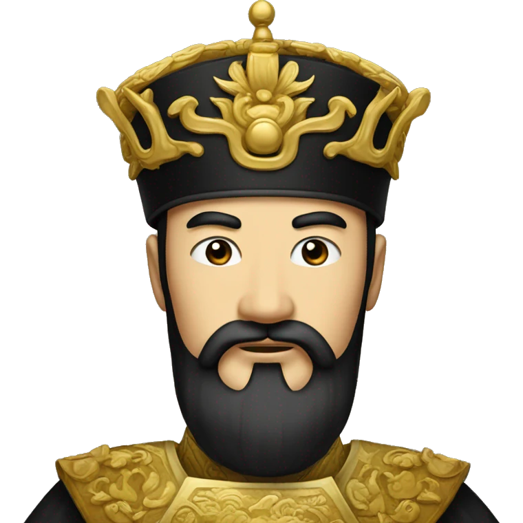 The Chinese emperor,with black hair and black beard,wore a high black golden hat  emoji