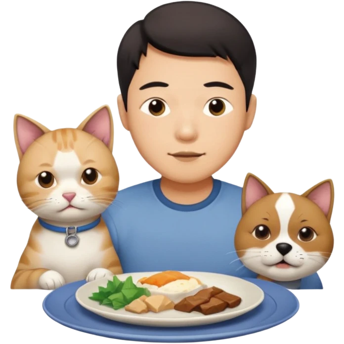 Asian man squinting about to eat a cat with a dog on a plate￼ emoji