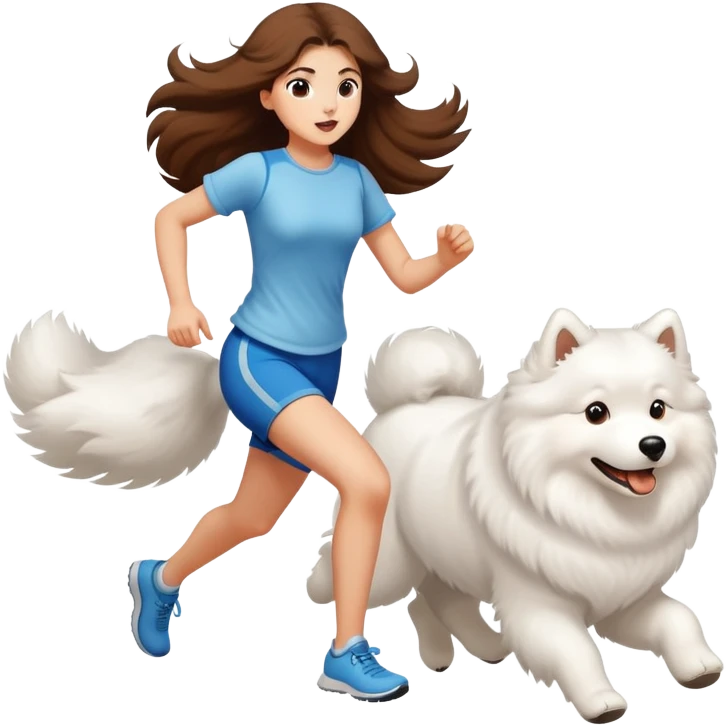 A beautiful girl with long hair runs with a Samoyed emoji