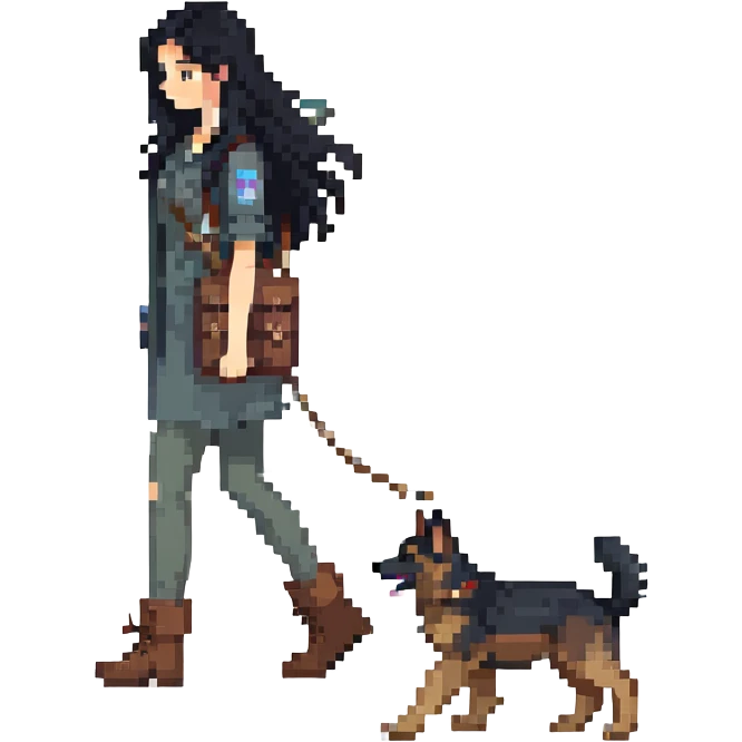 girl with long black hair walking a German Shepherd emoji