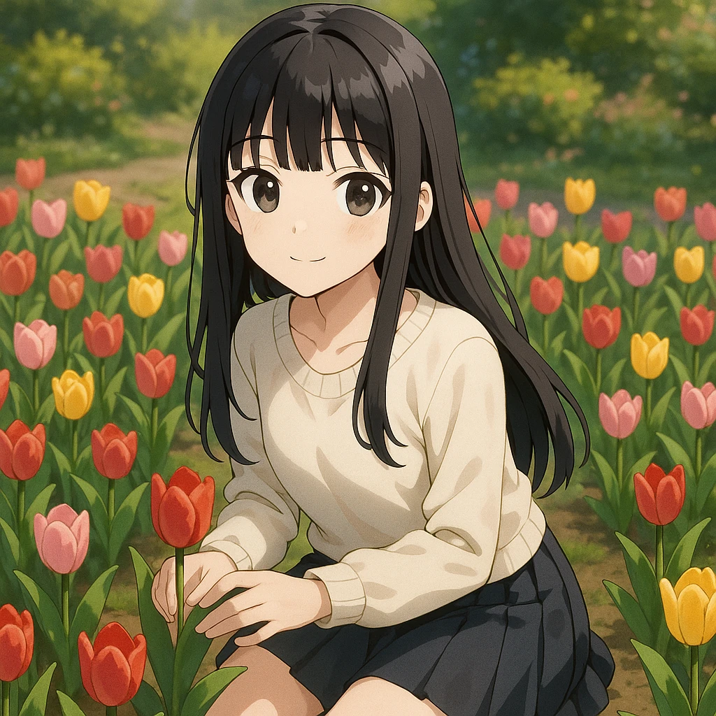 3D anime style girl with long black hair and thin bangs, kneeling among tulips in a garden emoji