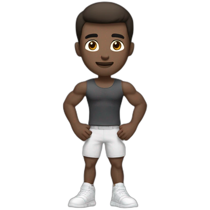 Close up Actively gesturing  with hands Pale skinned Fit Man With the biceps and brown hair in dark gray Sleeveless Mike, black oversize sports shorts, watch and white Sneakers emoji