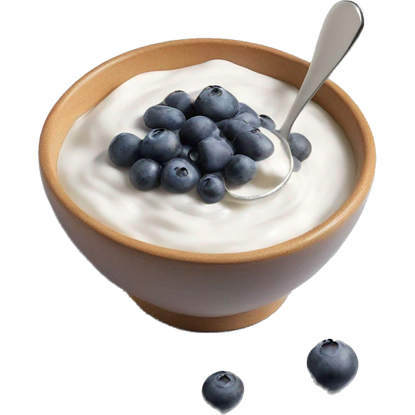 greek yogurt in a bowl with blueberries and chia seeds on top emoji