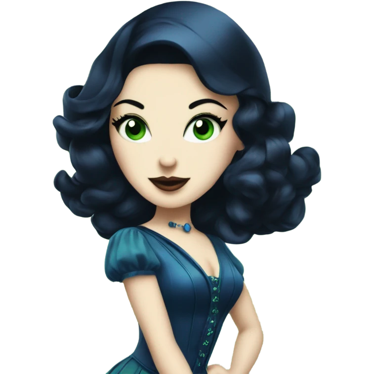 Burlesque dancer wearing blue with black hair, pale skin, and green eyes in a dark blue vintage costume dancing emoji