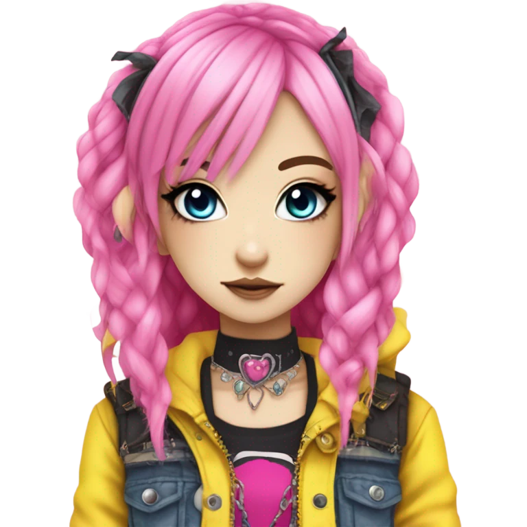 Blue eyed long eye lashes pout blonde and pink hair pale hime gyaru girl, hot pink and yellow split-dyed hair, nose ring, elf ears, dark makeup, punk clothes emoji