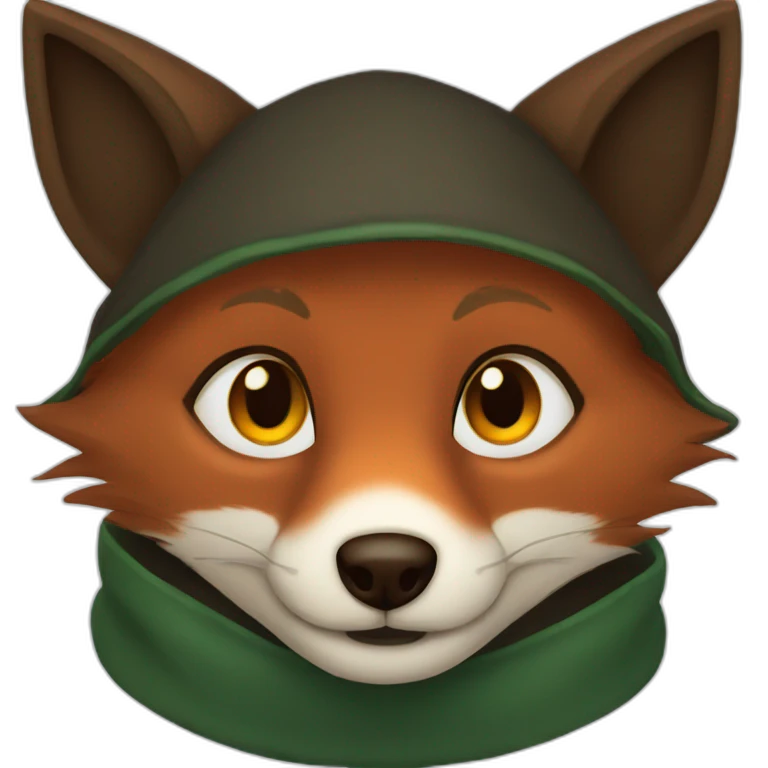 a small dark brown fox with orange eyes with a dark green hood that smile emoji