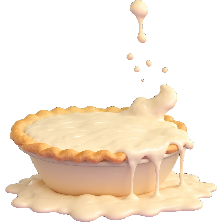 full cream pie splat, maximum splash, crust flattened, playful, no background, same angle emoji