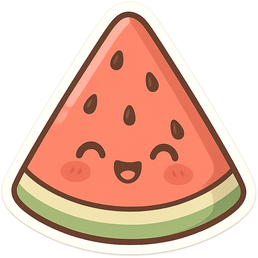 chibi sticker-style watermelon slice with a smiling face, cute and exaggerated emoji