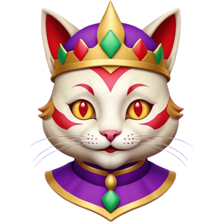 crazy colorful cute little cat jolly joker from poker, medieval, vintage, court jester, mac os icon, purple, gold and red color, half body. Squared shape as 3D mac os icon, symmetrical emoji