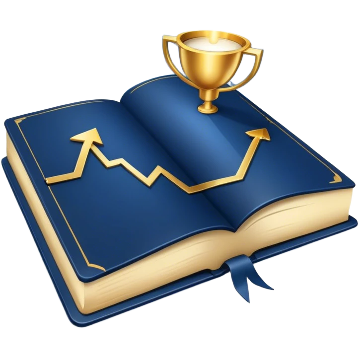 A navy blue productivity book with gold details, chart with upward trend aura, radiating productivity, strategy, and success in motion- emoji