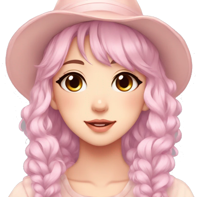 Gorgeous pastel anime girl with blushing face and hair garnitures and pretty hair and a hat aesthetic trending style emoji